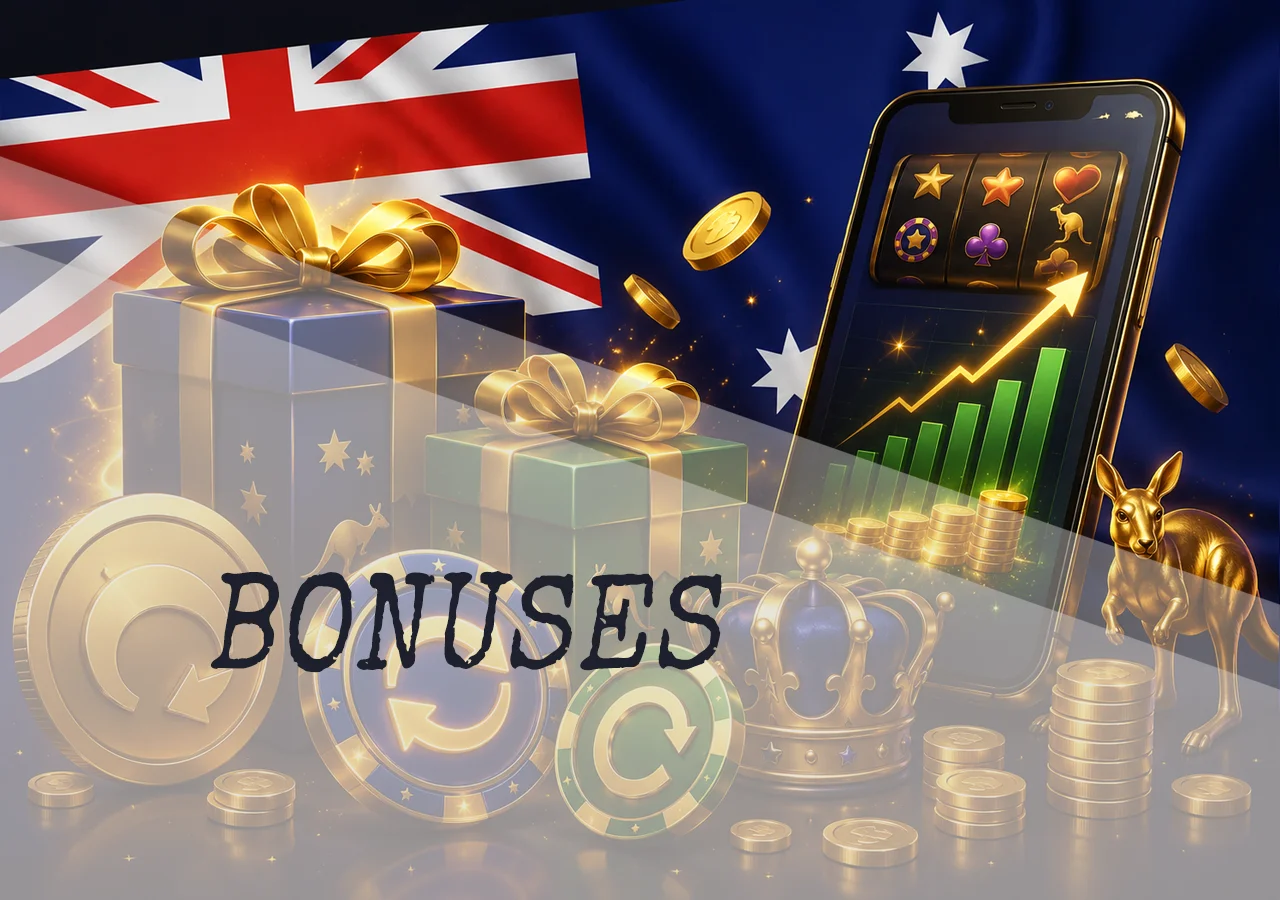 Premium bonuses for online pokies in Australia, including free spins, cashback, gifts, and balance growth